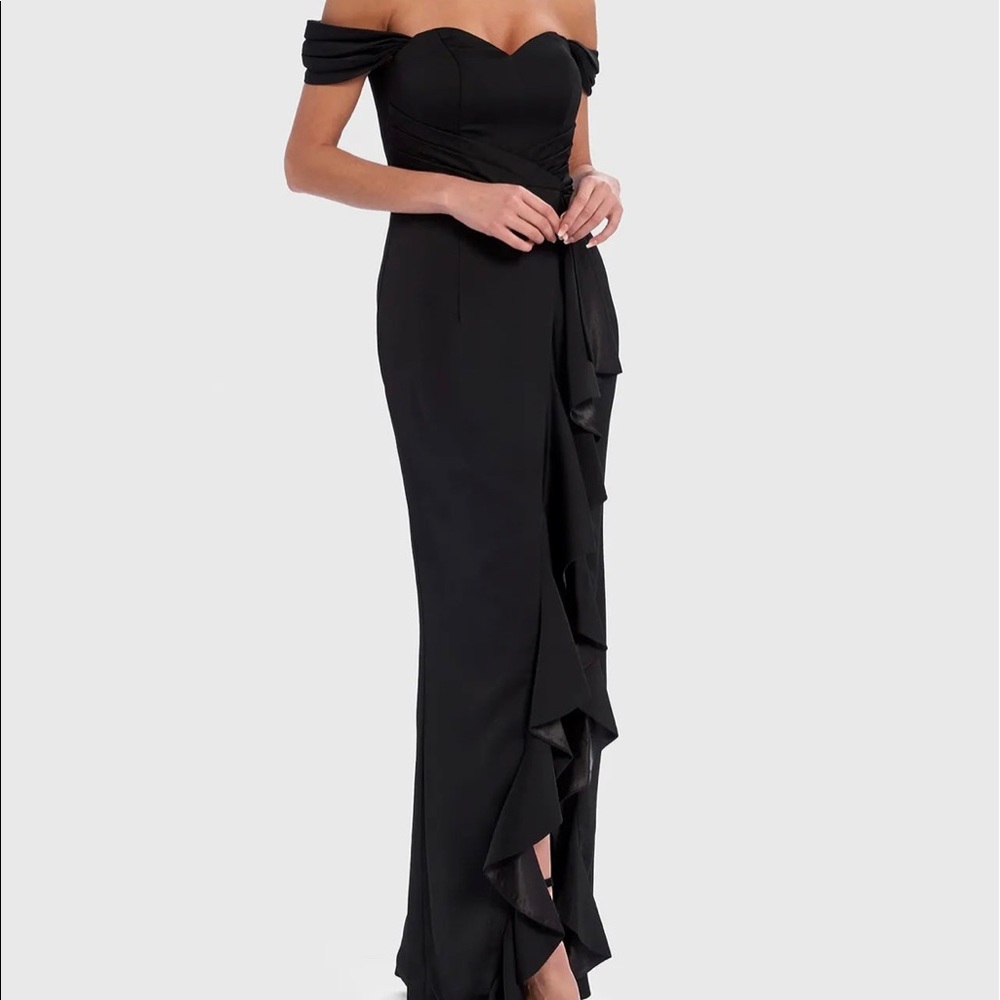 Bariano Black “Edie” Satin Ruffle Front Gown Size XL